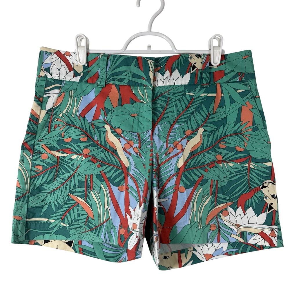 Talbots Jungle Print Cotton Chino Shorts Women's Sz 6 Green Cats Birds Leaves